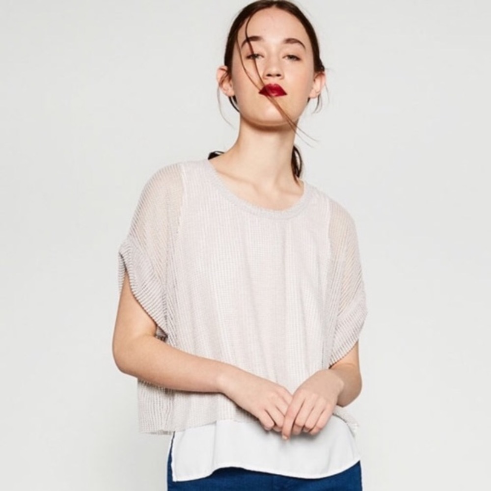 Zara Gray and White Mesh top